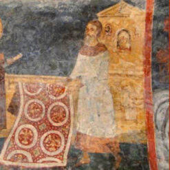 1258. st nicholas and the carpet seller. boyana church bulgaria2 1258 Byzanc koberec pro císařský palác 1258 svatý Mikoláš a obchodník s koberci - St Nikols and carpet seller