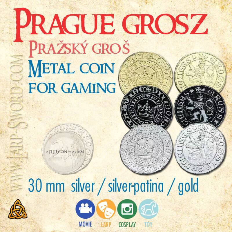 Stříbrný pražský groš – autentická kovová historická  replika středověké mince. platidlo pro larpy, rpg, deskové hry apod.