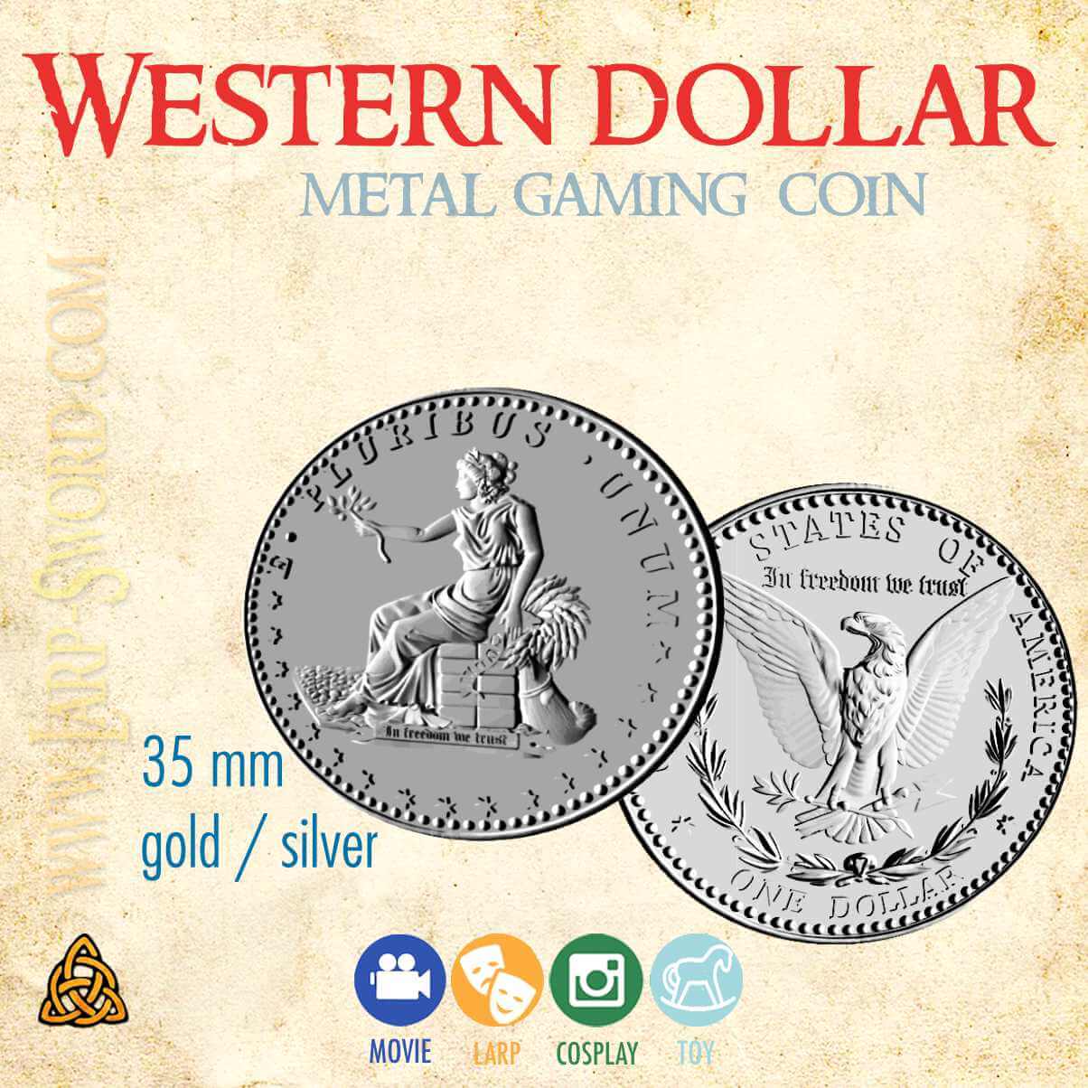 Western dollar 1 Western Dollar – kovová replika historické mince Western dollar - sitting Liberty and Morgan dollar metal replica